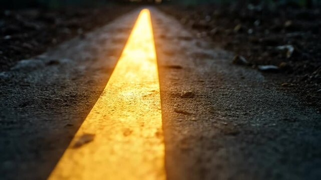 Illuminated yellow road line path in dark rural landscape