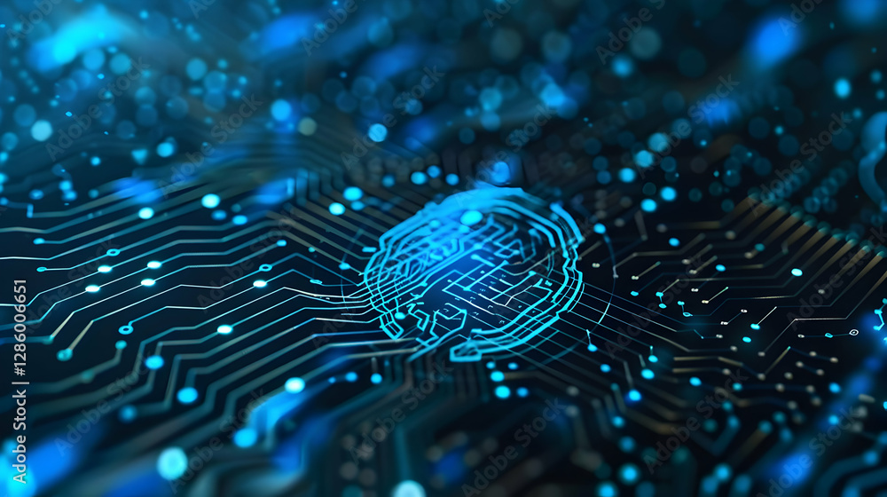 Poster abstract representation of digital circuits with glowing neural patterns in a tech environment