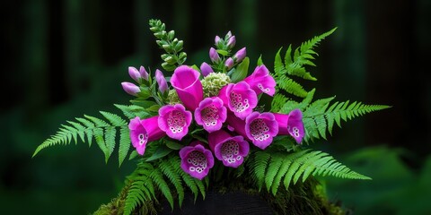 Obraz premium Lush Secret Garden Whimsy. Merging trailing ivy, pale pink foxgloves, and deep emerald ferns in an enchanting, hidden garden-inspired bouquet.