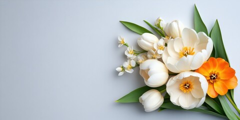 Fototapeta premium Pearl Blossom Whisper. Combining ivory peonies, creamy tulips, and pale golden jasmine for a soft, sophisticated floral arrangement.