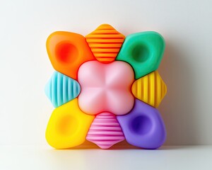 product photo on white background. super unique and interactive silicone toddler toy. bright retro colors