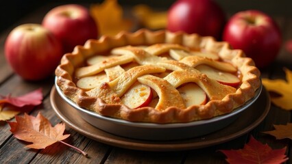 A delicious homemade apple pie, with a golden brown crust and visible apple slices, sits on a rustic wooden table surrounded by autumn leaves.