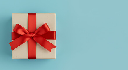 Elegant Beige Gift Box with a Vibrant Red Ribbon Bow on a Light Blue Background: A Perfect Present for Any Occasion