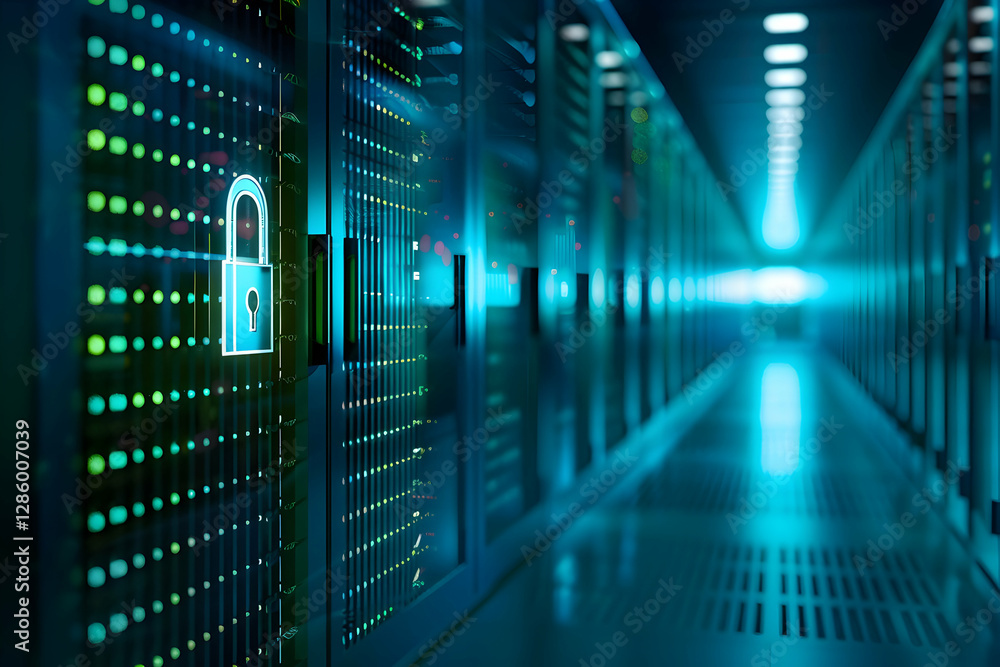 Poster high-tech data center corridor with glowing servers and a digital lock symbolizing security