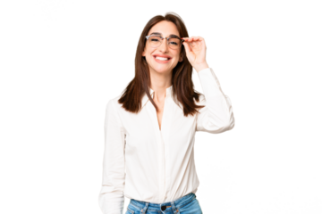Young caucasian woman over isolated chroma key background with glasses and happy