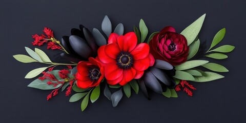 Monochrome Noir Bloomscape. Featuring jet-black tulips, deep burgundy dahlias, and inky hellebores for a dramatic, moody floral arrangement.