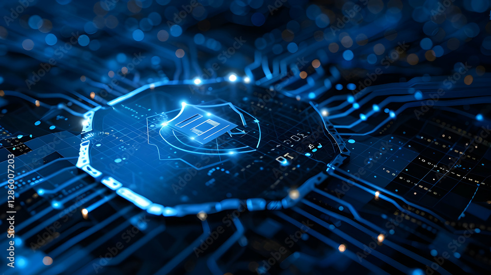 Poster abstract digital circuit board with a central shield symbolizing cybersecurity and protection