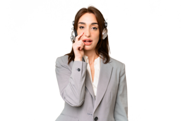 Telemarketer caucasian woman working with a headset over isolated chroma key background surprised and shocked while looking right