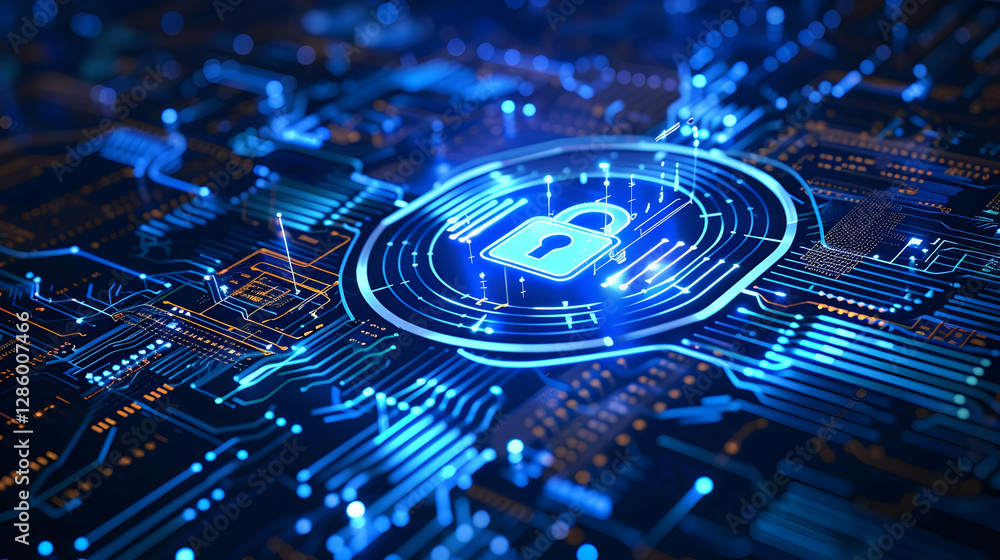 Poster digital illustration of a secure lock symbol on a circuit board background representing cybersecurit