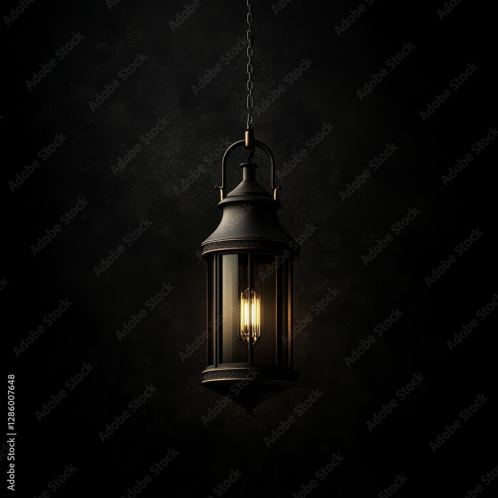Poster minimalist lantern design casting warm glow in a darkened space. generative ai