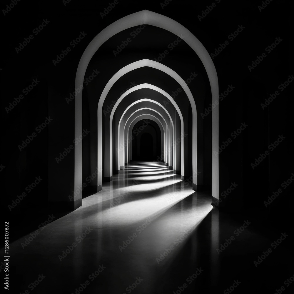 Poster discovering calmness through a minimalist moroccan archway with soft light. generative ai