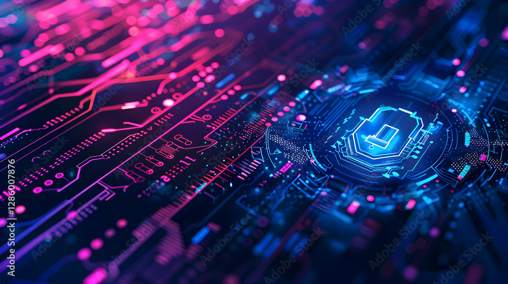 Poster abstract digital circuit board with glowing neon elements and intricate patterns in a tech environme