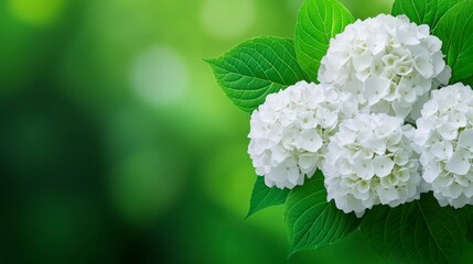 Stunning White Hydrangea Cluster Surrounded by Lush Green Leaves in Soft Focus