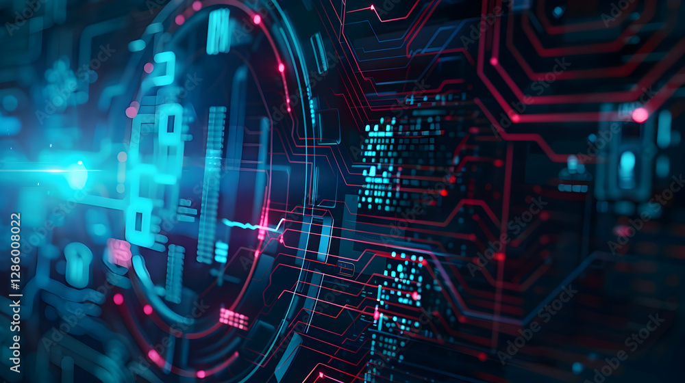 Poster abstract digital circuit design with glowing lines and patterns, showcasing technology and innovatio