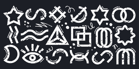 Abstract geometric shapes with grunge texture on black background