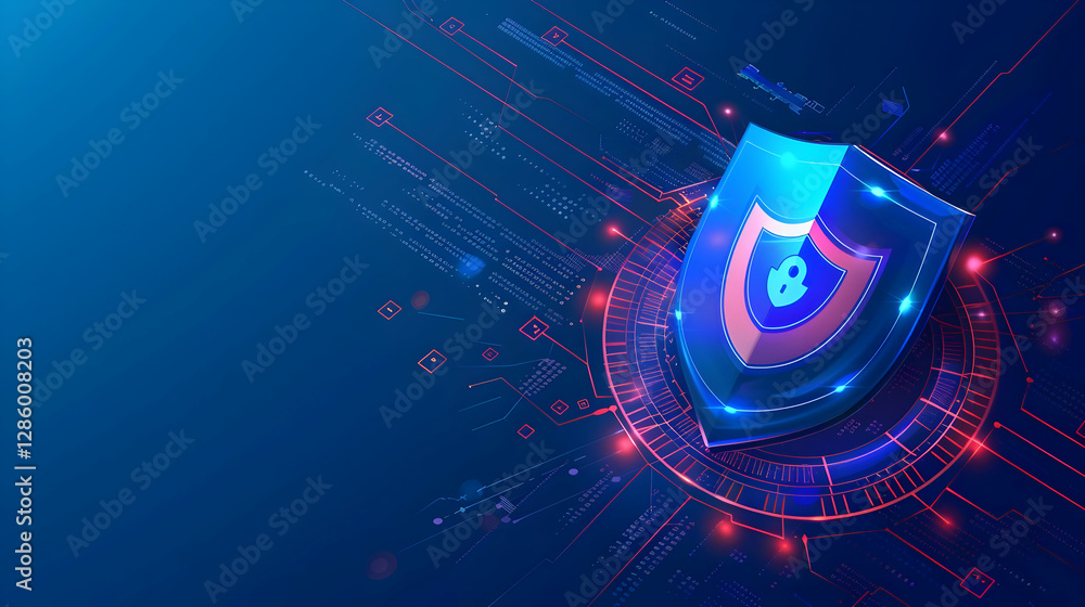 Poster digital shield graphic representing cybersecurity with glowing elements and abstract data background