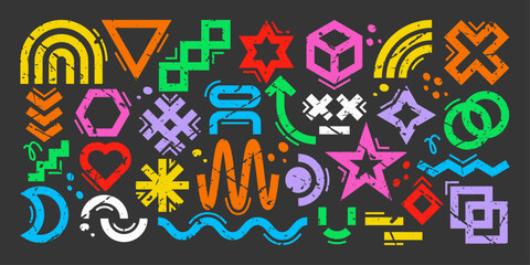 Abstract geometric shapes are colorful design elements in grunge style. Bold marker brushes have drawn various elements for templates and collages.