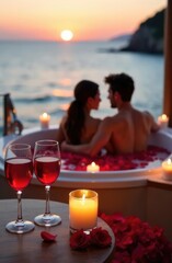 Obraz premium A couple enjoys a romantic sunset bath with wine, candles and roses overlooking the sea. Concept of: Luxurious romantic escape.