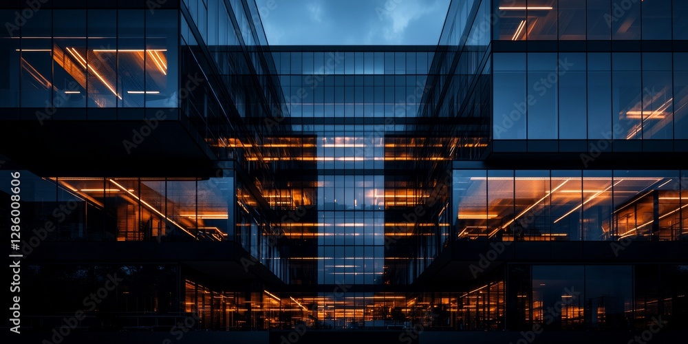 Poster reflections of neon light creating an ethereal glow on modern skyscraper glass. generative ai