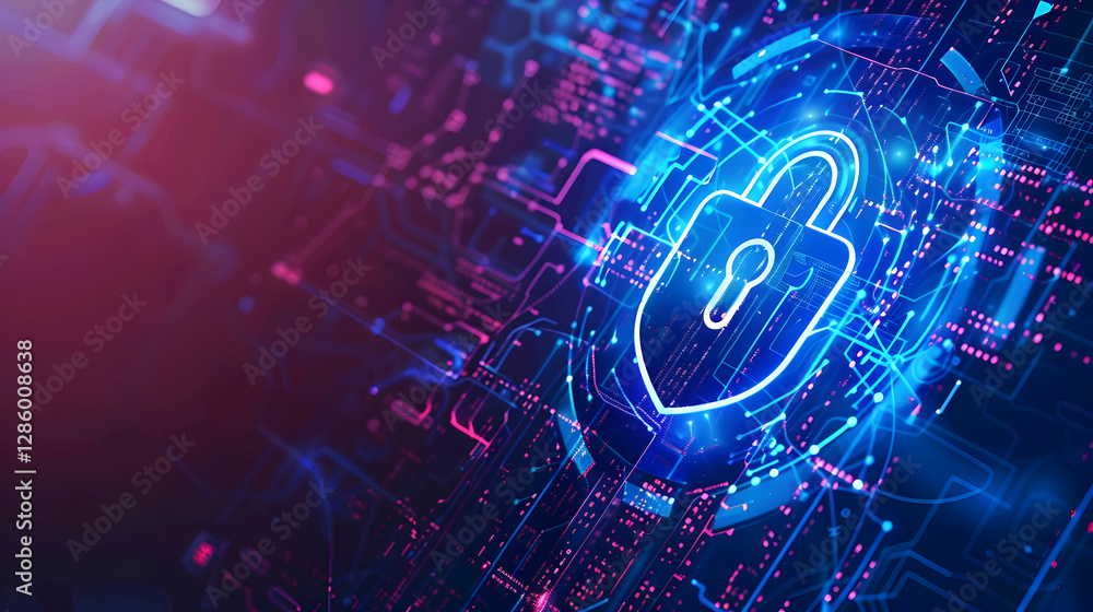 Poster abstract digital lock symbol on a vibrant technological background with glowing circuits