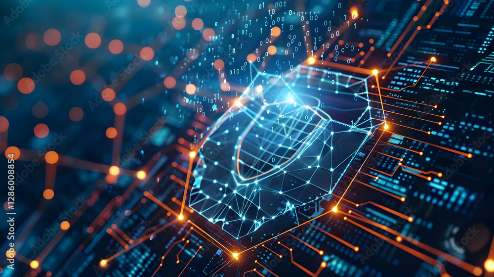 Poster abstract digital security shield over a circuit board with glowing connections and data flow