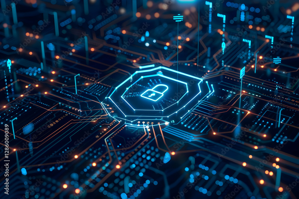 Poster futuristic digital circuit board with a central lock symbol representing cybersecurity technology