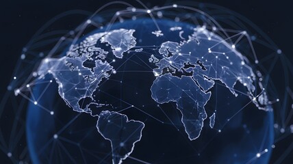 Fototapeta premium Global Network Connections Digital World Map Illustration Abstract Technology Background Modern Futuristic Design Elegant Blue Hues Networked Globe Data Visualization Internet Communication Worldwide 