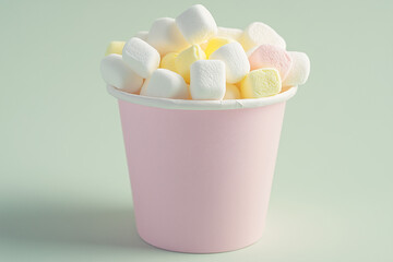 Delightful Marshmallow Treat: A charming pink cup overflows with a colorful assortment of marshmallows, a sweet and inviting treat, captured against a light green backdrop.