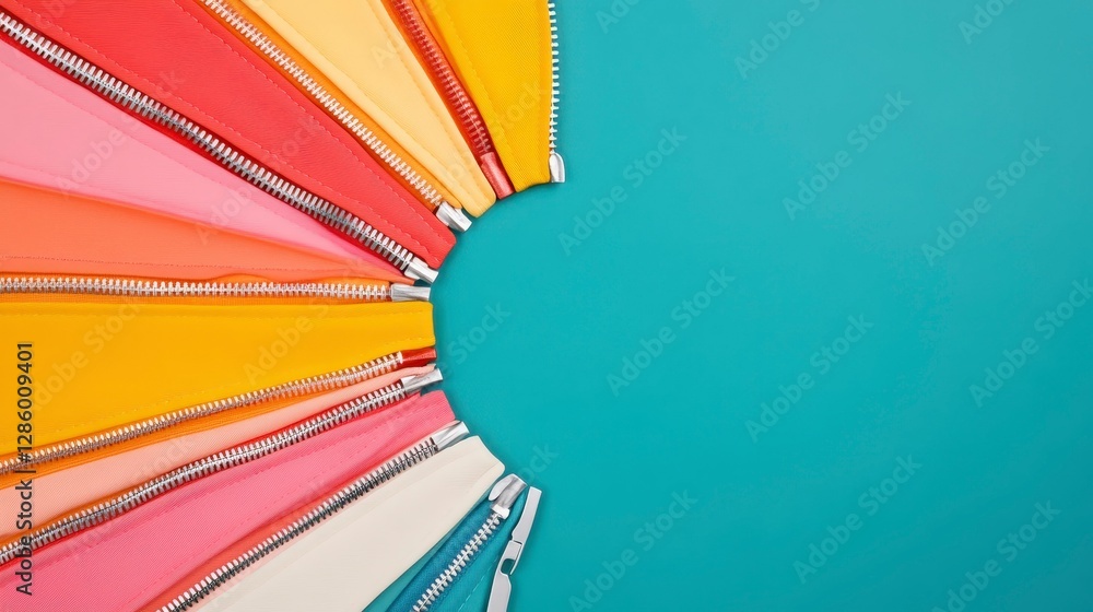 Poster colorful zippers arranged in a circular pattern on a teal background