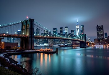 Manhattan Nights: Witness the Stunning Cinematic Beauty of Glowing Skyscrapers, Sparkling Lights, and the Brooklyn Bridge Amidst a Snowy, Dark Gray Skyline.


