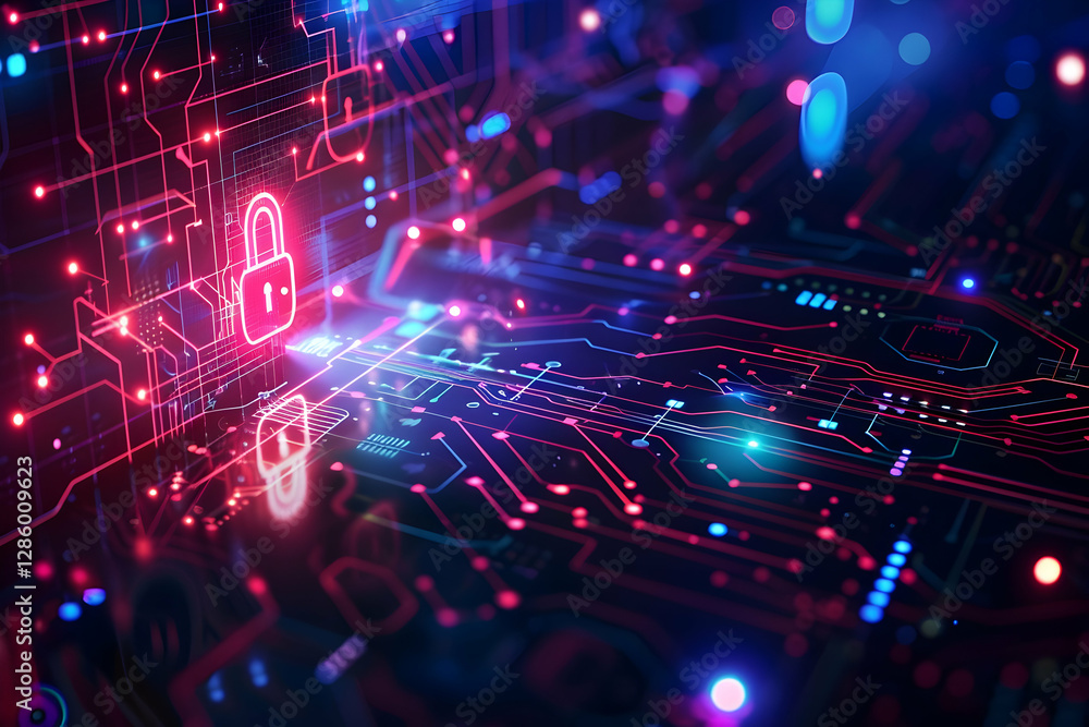 Poster abstract digital background depicting secure data transmission with glowing circuits and locks