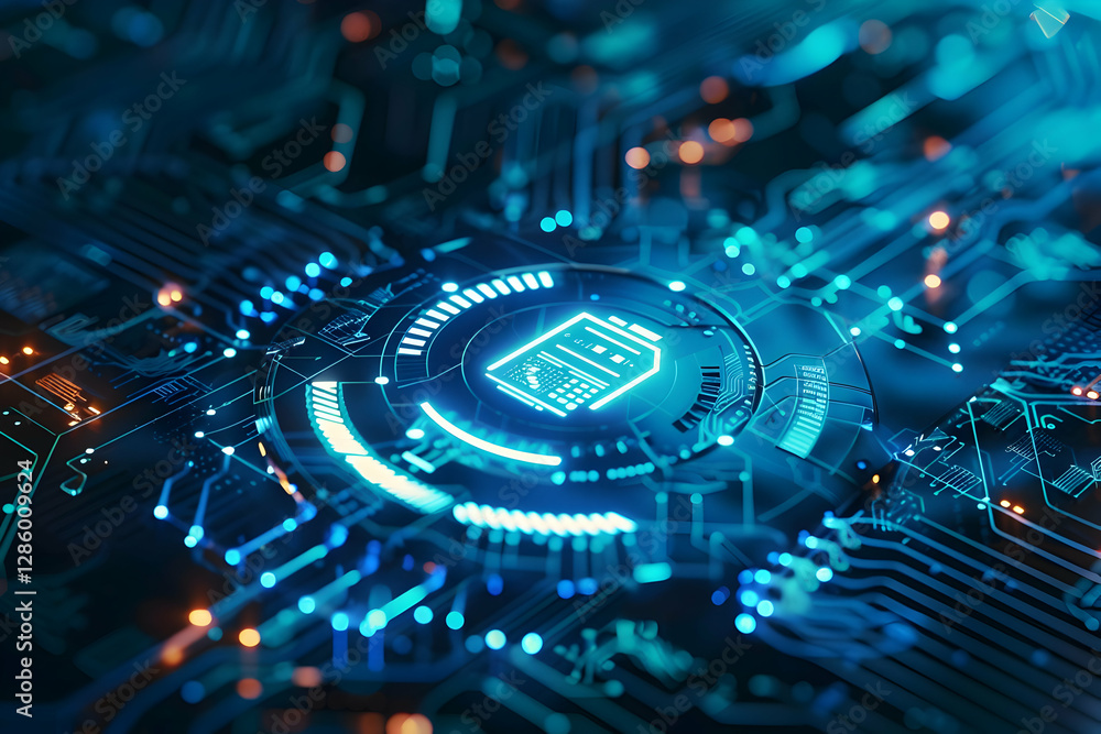 Poster futuristic digital circuit board with glowing elements and a central security shield icon