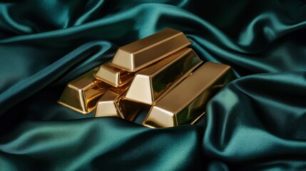 A pile of gold bars resting on a dark green silk fabric, high contrast lighting