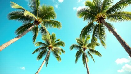 Palm trees reach towards a bright blue sky with scattered clouds from a low angle.
Concept of: Tropical paradise.