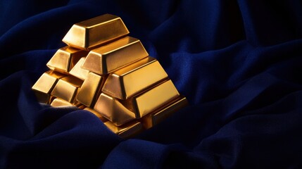 A pyramid of gold bars resting on a soft navy blue satin cloth, rich contrast and depth