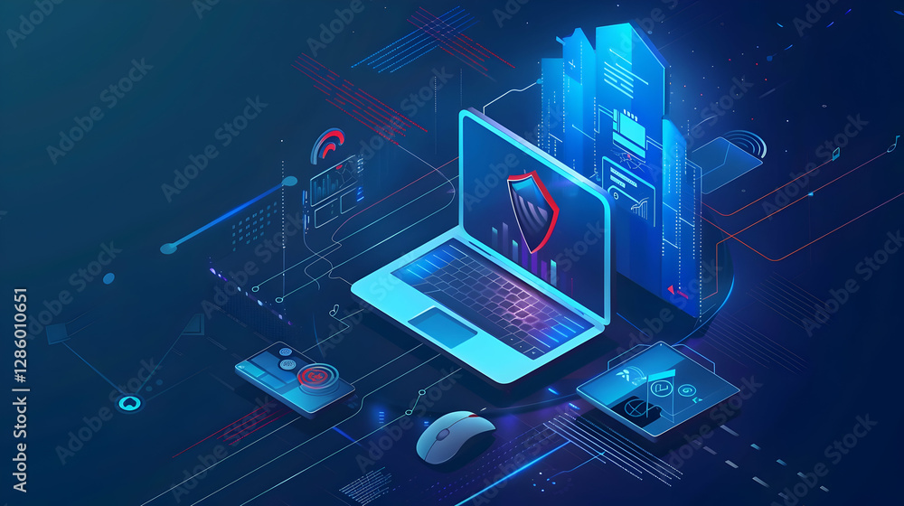 Poster futuristic digital workspace showcasing cybersecurity tools and technology in a vibrant setting