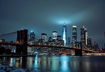 Fototapeta premium Manhattan's Luminous Embrace: A Cinematic Nightscape of Glowing Skyscrapers, Sparkling City Lights, and the Iconic Brooklyn Bridge Amidst a Snowy, Dark Gray Sky.