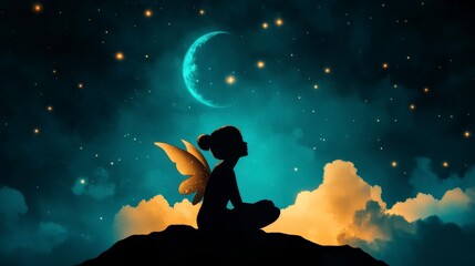 Fototapeta premium Enchanted Fairy Silhouette Against a Starry Night Sky with Moon and Clouds