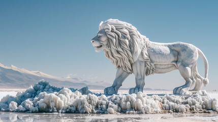 A colossal salt statue of a guardian lion, its mane and body finely detailed with shimmering crystal patterns, standing atop a salt plateau.
