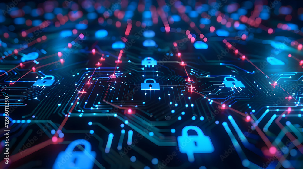 Poster abstract digital network with glowing locks symbolizing cybersecurity in a tech environment