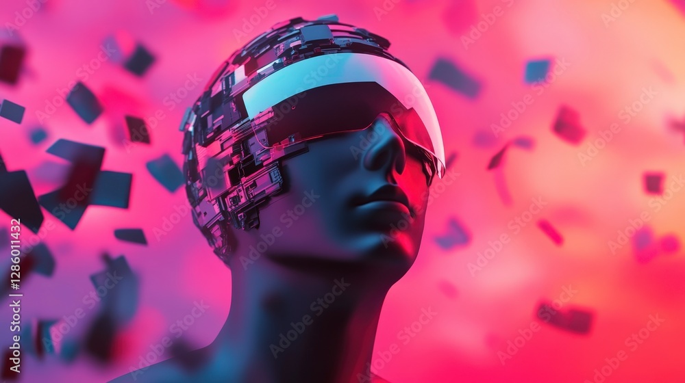 Poster futuristic robot head with abstract technology and vibrant color background