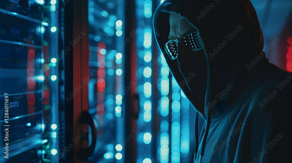 Poster mysterious figure in hoodie with illuminated glasses near server racks in a dark tech environment