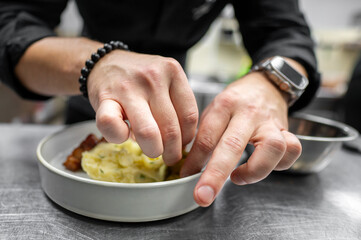 A close-up shot of a chef's hands carefully placing food on a plate, showcasing attention to detail and culinary skill in a professional kitchen setting