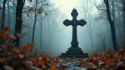 A graveyard with a gothic cross on an old grave, surrounded by autumn leaves and foggy woods.