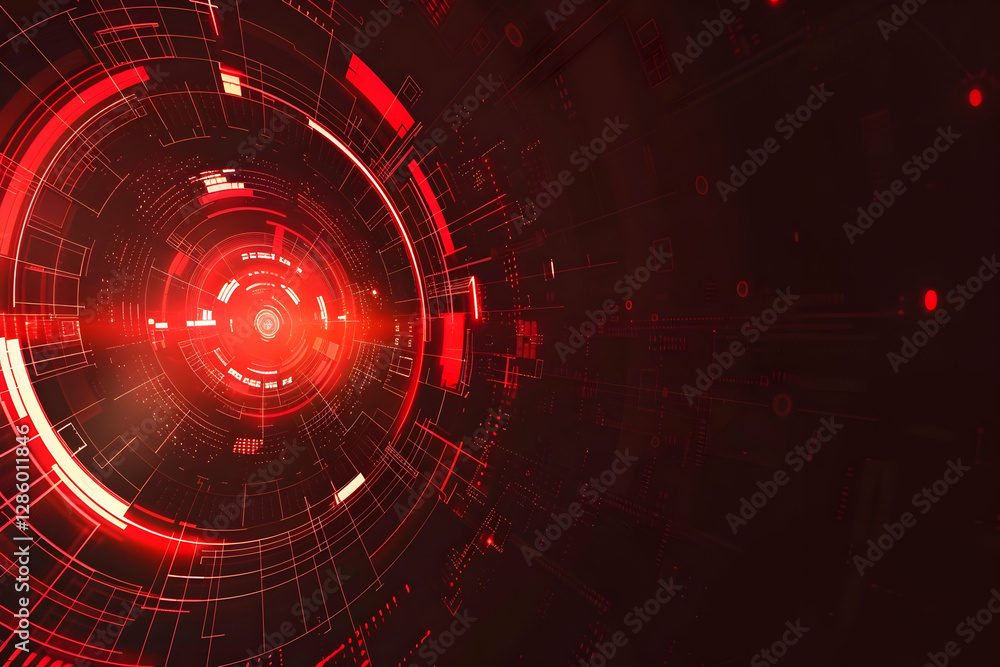 Poster abstract futuristic red digital background with circular patterns and glowing elements