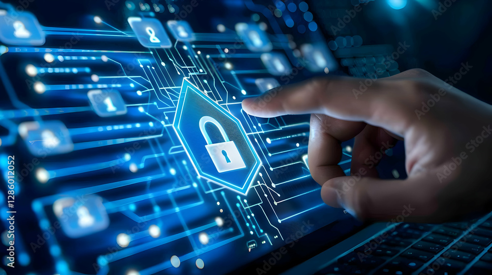 Poster close-up of a hand interacting with a digital lock on a circuit board background, symbolizing cybers