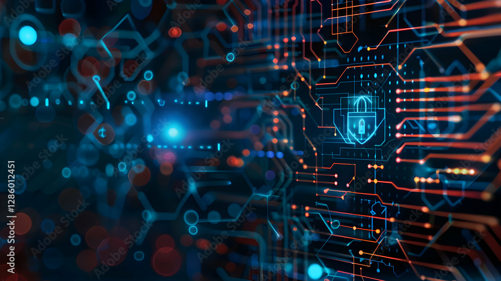 Poster abstract digital circuit board with glowing elements and a padlock symbol representing cybersecurity