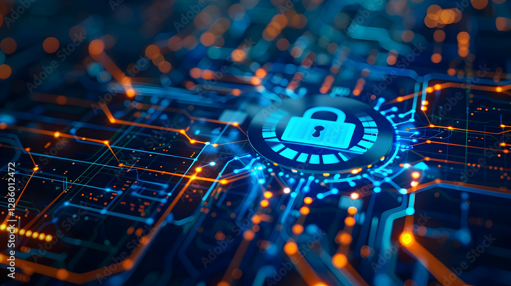 Poster digital lock symbolizing cybersecurity on a vibrant circuit board background with glowing elements