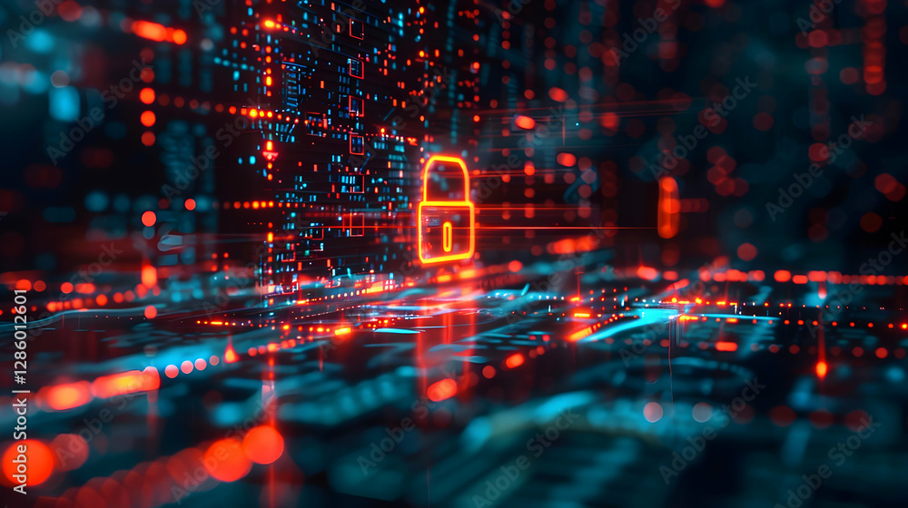 Poster abstract digital landscape depicting a secure lock symbol amidst glowing data streams and circuits