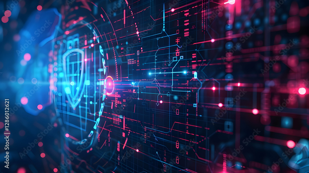 Poster abstract digital background showcasing interconnected circuits and a shield symbolizing cybersecurit